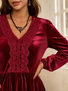 Lyxana LanaWest 女式西部休闲领子拼布荷叶边下摆 A 字形连衣裙 - 酒紅色 - 查看 6