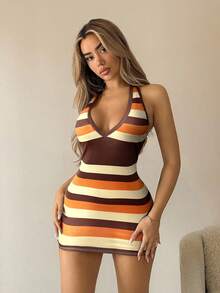 SHEIN ICON Vestido mini con escote en V profundo, sin espalda y cuello halter a rayas - Multicolor - Ver 5