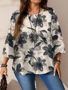EMERY ROSE Plus Size Floral Print Casual Round Neck 3/4 Sleeve Blouse, Suitable For Spring And Autumn - Multicolor - View 3