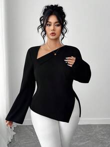 Elenzga Camisa de mujer talla grande con cuello oblicuo, abertura en la espalda y lazo - Negro - Ver 4