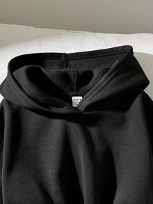 SHEIN Girlism 少女休闲街头风黑色连帽短款高腰长袖百搭简约纯色黑色卫衣，返校秋冬短款卫衣 - 黑色 - 查看 3