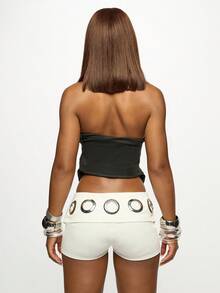 SUMWON WOMEN 金属孔眼迷你短裤高腰节日俱乐部派对夏季热裤个性街头服饰 - 白色 - 查看 7