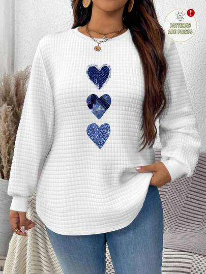EMERY ROSE Sudadera de cuello redondo de punto waffle con estampado de corazón de tela vaquera falsa, de manga larga, casual y linda, talla grande, adecuada para la transición a principios de otoño, atuendo de otoño, sudadera de otoño