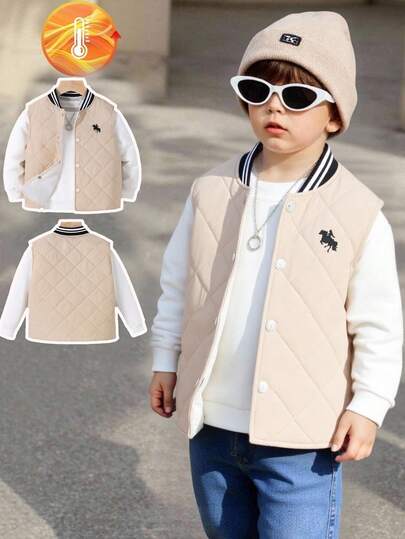 SHEIN Kids Boy Casual Everyday Versatile Comfortable Thick Sleeveless Hooded Open Front Loose Padded Vest Jacket Outerwear, Suitable For School, Garden, Beach, Birthday, Spring, Summer, Fall, Winter