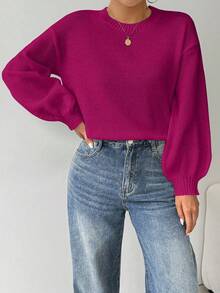SHEIN LUNE 宽松圆领灯笼袖落肩针织毛衣 - Bold Plum - 查看 5