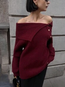 SHEIN Unity Women's Loose Off-Shoulder Soft Sweater, Red, Autumn/Winter