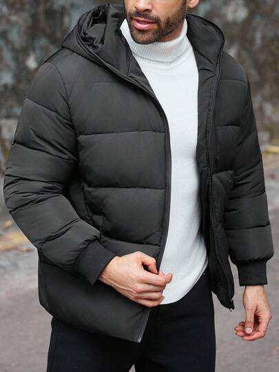 Manfinity Homme Plus Size Men's Solid Color Long Sleeve Zip-Up Casual Hooded Winter Jacket, For Fall