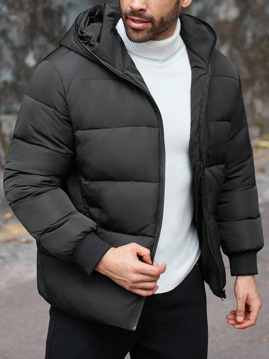 Manfinity Homme Plus Size Men's Solid Color Long Sleeve Zip-Up Casual Hooded Winter Jacket, For Fall - Black - View 1