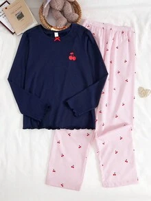 Women's Turquoise Polka Dot & Cherry Print Long Sleeve Top And Ribbed Casual Pants Loungewear Set Fall Winter - Multicolor - View 3