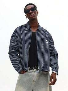 SUMWON经典竖条纹拉链牛仔夹克复古铁路工人风格长袖纽扣领秋冬外套休闲 - 藍色 - 查看 1