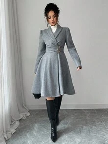 Elenzga 女士优雅灰色翻领交叉腰带金属扣装饰外套，秋冬款 - 灰色 - 查看 5
