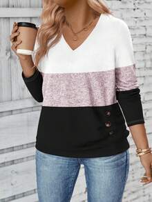 EMERY ROSE Women's V-Neck Color Block Plus Size T-Shirt, Autumn/Winter - Multicolor - View 5