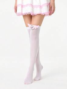 ROMWE Anime 1 Pair Cute Pink Fluffy Wing Over-The-Knee Socks, Lolita Heart Lock Chain Element Belt Decor Thigh High Socks, Thin Elastic Sheer Tights For Daily Wear - White - View 5