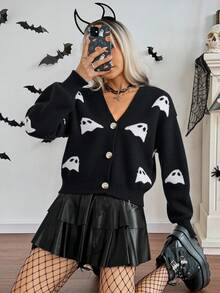 Zielony Women's Black & White V-Neck Button Lantern Sleeve Halloween Pumpkin Knit Cardigan
