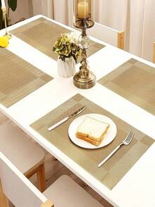 SHEIN 4/6/10 套装餐垫，厨房餐桌垫，耐热，防滑，防污，可水洗 PVC 桌垫，易于清洁编织乙烯基桌垫，金色、咖啡色、灰色 - 彩色 - 查看 3