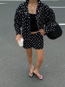 SHEIN EZwear Bộ 2 món áo khoác chấm bi và quần short cỡ lớn, Thu/Đông - màu đen - Xem 3