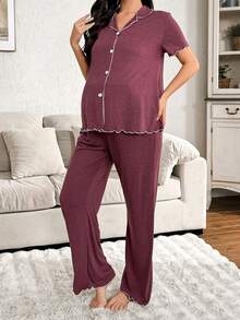 Moonlight&Mama 柔软亲肤撞色法式休闲开衫睡衣套装孕妇装 - 酒紅色 - 查看 6