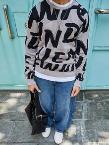 Manfinity CasualKnits Men's Letter Pattern Crew Neck Long Sleeve Sweater, For Fall Winter - Multicolor - View 5