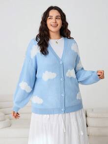 SHEIN EZwear Plus Clouds Pattern Drop Shoulder Cardigan, For Winter Fall - Baby Blue - View 3