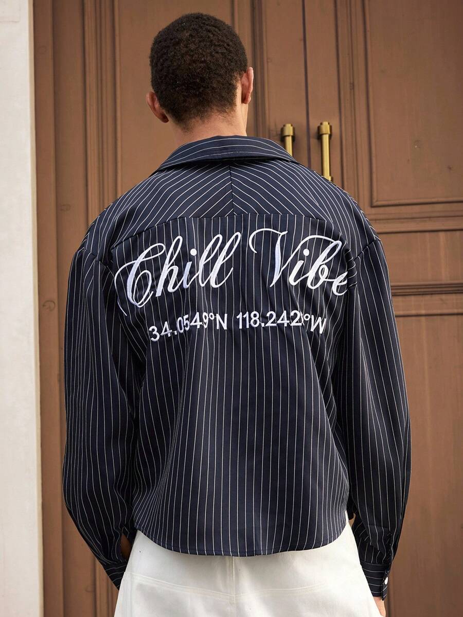 SWAVVY 男士条纹字母印花落肩衬衫，秋季款，长袖上衣 - 藏蓝色 - 查看 1