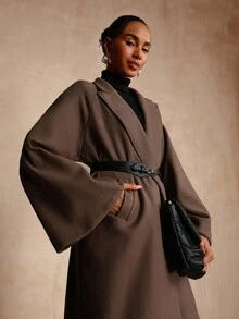 Vesra Abrigo largo de lana suelto, de unicolor, con cuello de solapa y manga larga, versátil y de moda para mujer