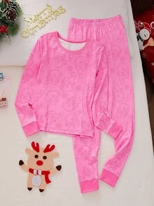 2pcs/Set Girls' Snug Fit Pants And Long Sleeve Pajama Set Snug Fit Pink Girl Clothes - Pink - View 3
