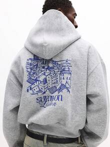 SUMWON 短款抽绳连帽衫，里斯本城市天际线印花，舒适冬季休闲套头衫，都市街头服饰，图案设计 - 灰色 - 查看 5