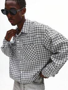 SUMWON 短款纽扣长袖格子衬衫休闲宽松街头风上衣，带胸袋 - 黑與白 - 查看 4