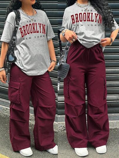 Sparklyn 2pcs/Set Teen Girls Letter Print Short Sleeve T-Shirt And Solid Color Pants Wide Leg Pants Wide Leg Cargo Pants