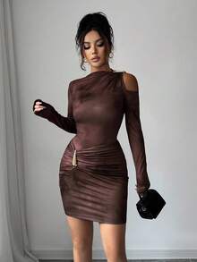 Chiquease Elegant Coffee Brown Bodycon Dress For Women,Autumn Seksi Chic Night Club Ombre Print Knit Cutout Turtleneck Long Sleeve Shiny Metal Dress - Brown - View 4