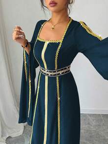 Rafferiza Gold Woven Belt Luxury Sequin Beaded Formal Dress Long Sleeve Split Dress - Iron Gray - View 3