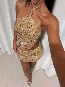 EgrlEra 女式露背上衣和迷你裙套装，亮片面料，性感夜店装 - 金色 - 查看 1