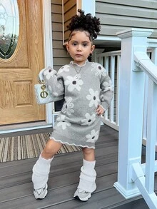 SHEIN Kleine Mädchen V-Ausschnitt Kleid mit Blumenmuster, gestrickt