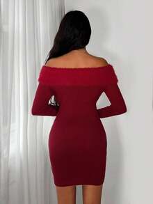 SHEIN TRNDY 1pc Women's Burgundy Christmas Sweater Dress, Elegant Off Shoulder Faux Fur Design Waist Cinched Knitted Dress, Autumn/Winter - Burgundy - View 2