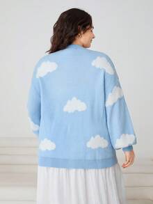 SHEIN EZwear Plus Clouds Pattern Drop Shoulder Cardigan, For Winter Fall - Baby Blue - View 2