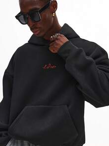 SUMWON 洛杉矶街头风重磅套头宽松连帽衫，带抽绳，简约城市字体设计，经典冬季必备卫衣，纯色 - 黑色 - 查看 1