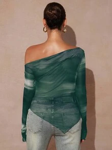 MaterniChic Tie-Dye Print Oblique Shoulder Long Sleeve Fitted Maternity T-Shirt Pregnant Clothes Maternity Tops Pregnancy Photoshoot Dress Green Maternity Dress Baby Shower - Green - View 2