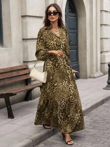 SHEIN Clasi 豹纹休闲日常连衣裙，简约时尚长裙女装长袖长裙女装豹纹连衣裙豹纹长裙动物印花连衣裙 - 棕色 - 查看 3