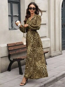 SHEIN Clasi 豹纹休闲日常连衣裙，简约时尚长裙女装长袖长裙女装豹纹连衣裙豹纹长裙动物印花连衣裙 - 棕色 - 查看 5