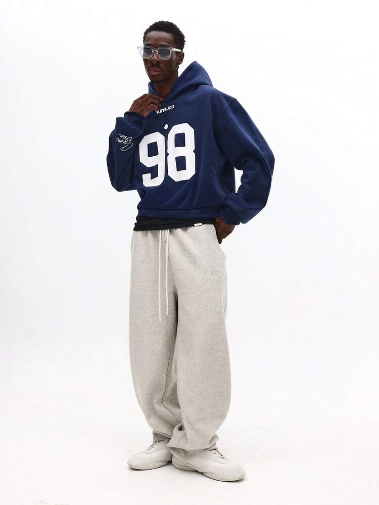 Drop Shoulder Pullover Hoodie With Number Print