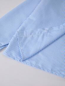 SHEIN Explorewe Tween Girls Blue Striped Collar White Long Sleeve Shirt, Blue & White Striped Pleated Skirt, Fashion Casual Versatile Autumn/Winter Shirt & Skirt Set, Can Be Paired With Jacket, Coat Fall - Blue - View 5
