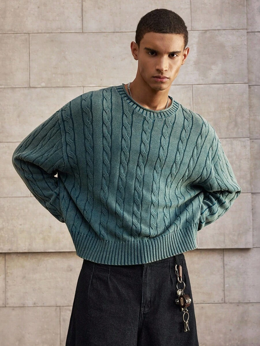 SWAVVY 男士休闲粗线花纹圆领落肩长袖棉质毛衣，秋冬 - 淺藍色 - 查看 1