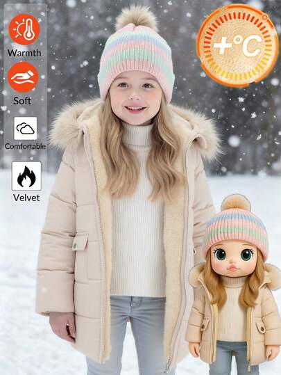 Emery Rose Kids Emery Rose Kids 女童纯色连帽人造毛皮饰边口袋羽绒服 女童带帽冬装 女童保暖内衬冬装 女童带毛皮帽冬装外套 儿童保暖冬装 女童冬季派克大衣 女童连帽羽绒服 女童秋季冬装