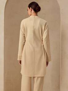 Graceveil 女士杏色运动衫材质领落肩长袖收腰束腰长款上衣 - 杏色 - 查看 2