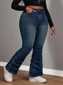 Slaydiva Plus Size Women Elastic Blue Vintage Side Pleated Flare Jeans - Dark Wash - View 4