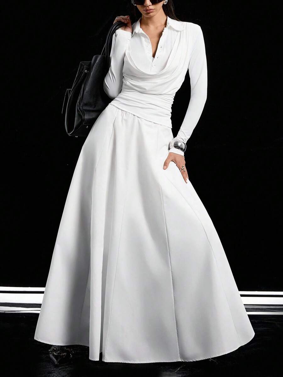 LYSMO Conjunto de 2 piezas de top ajustado con cuello drapeado plisado de unicolor y falda larga en línea A para mujer, estilo casual de oficina, primavera/otoño