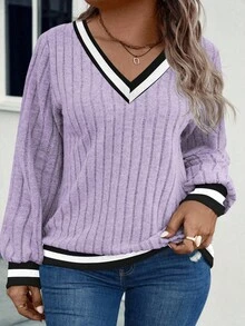 EMERY ROSE Women's Plus Size V-Neck Contrast Trim Soft Plus Size Ribbed Knit Sweatshirt, Autumn/Winter - Purple - View 6