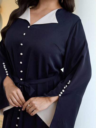 Al Najma 大码女式撞色喇叭袖纽扣设计优雅阿拉伯风连衣裙