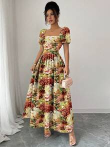 Elenzga Vestido feminino elegante com manga bufante bordada, tamanho padrão, verão