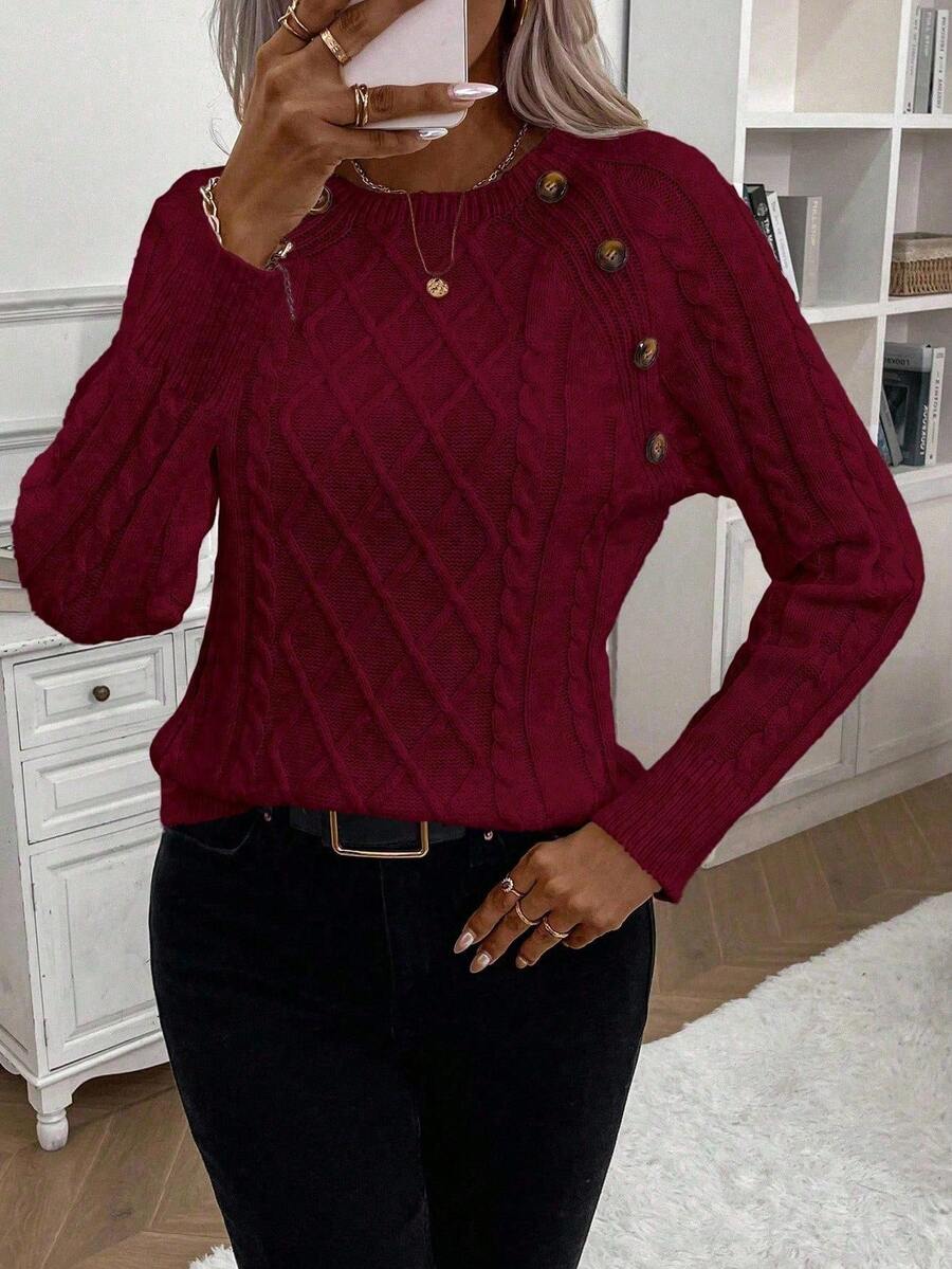 EMERY ROSE Women's Casual Solid Color Crew Neck Sweater, Autumn/Winter - Burgundy - View 1